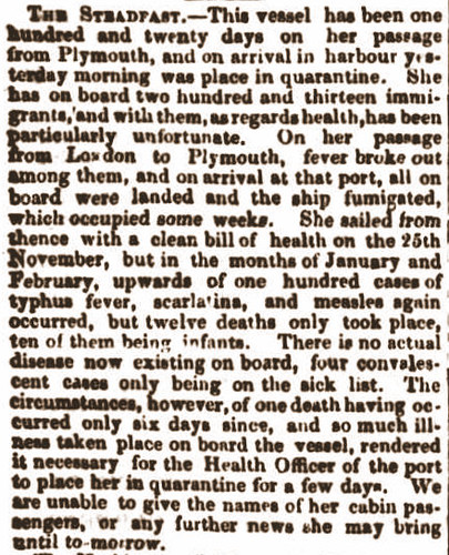 Ship Steadfast quarantine 27 Mar 1839 trove article