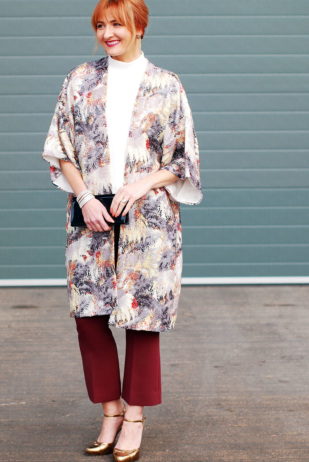 Christmas party outfit sequinned palm print kimono burgundy cropped flares high neck white top bronze, gold high heels | Not Dressed As Lamb, over 40 style