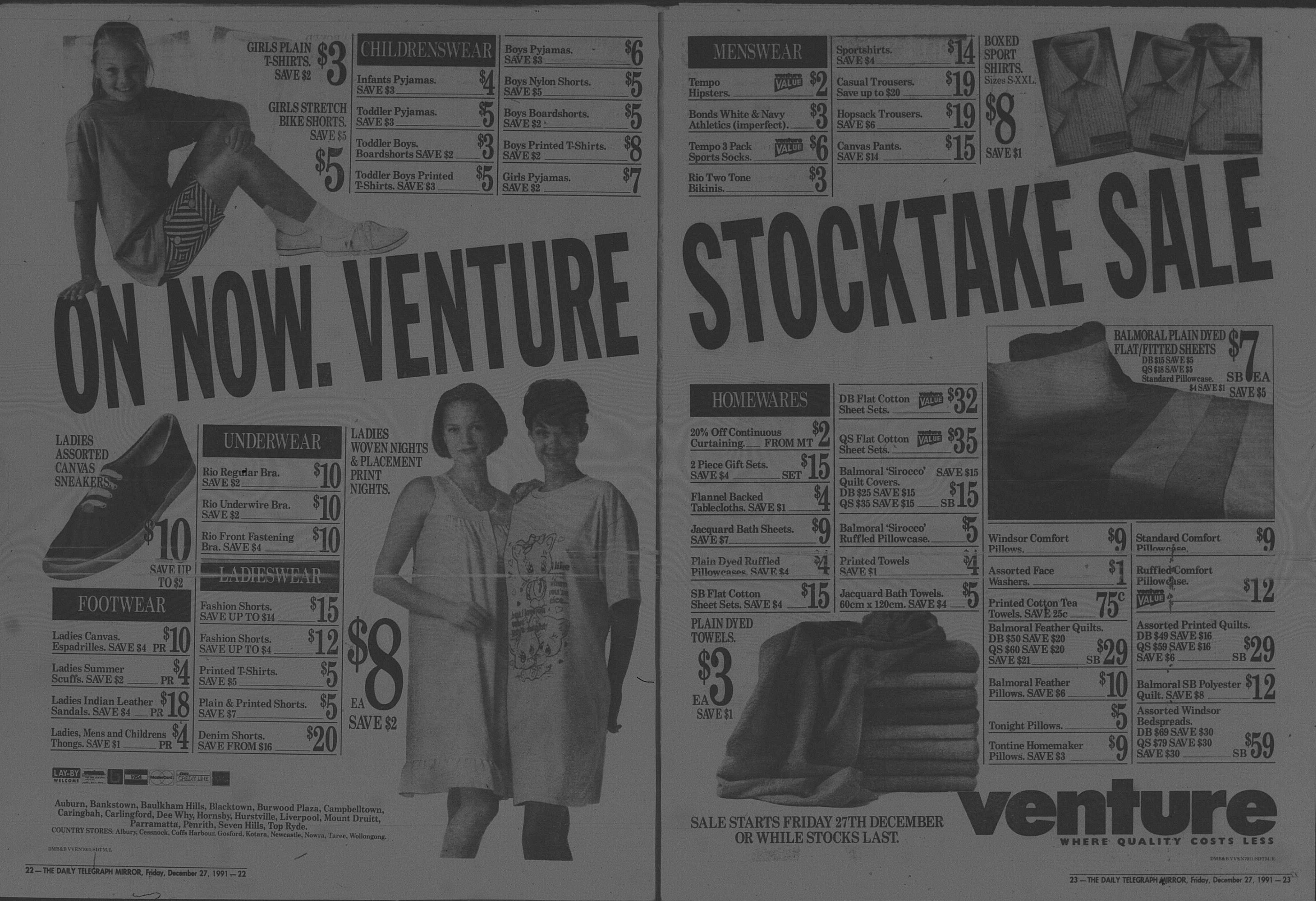Venture Stocktake Sale Ad December 27 1991 daily telegraph 28-29