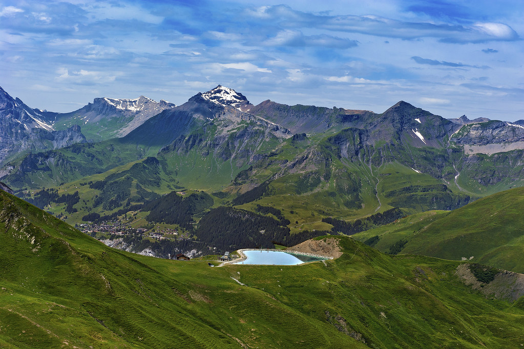The Schilthorn and The lake of Fallboden .Taken from the Eiger Trail. No. 8026.