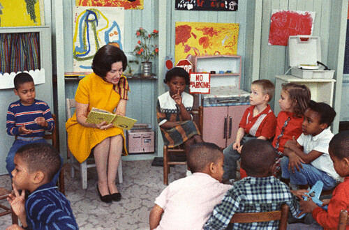 Photograph of Lady Bird Johnson Visiting a Classroom for Project Head Start, 03/19/1966