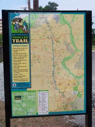 Bethesda Trolley Trail wayfinding sign, map, regional plans and rules side