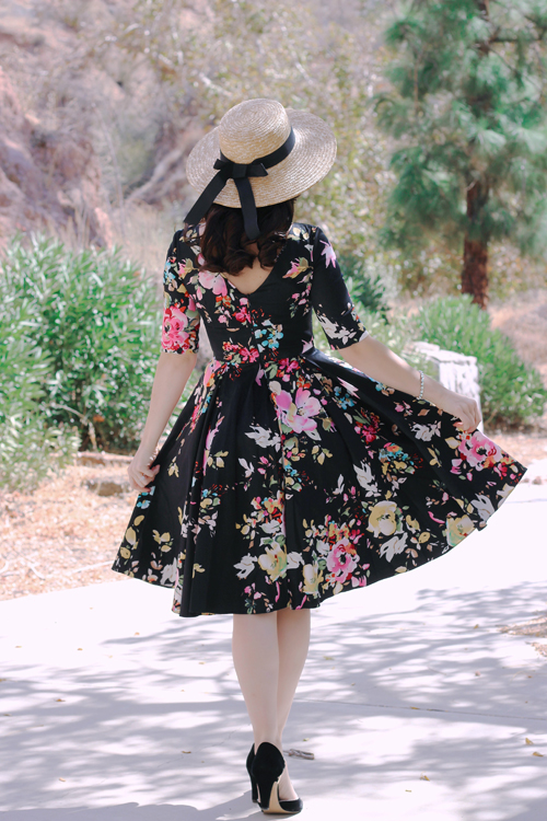 Unique Vintage The Pretty Dress Company Vintage Style Black Seville Floral Half Sleeve Hepburn Swing Dress