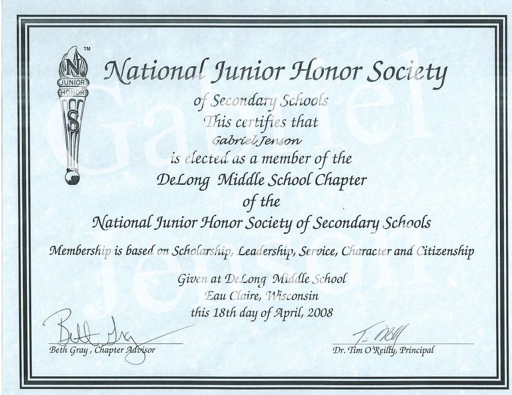 National Junior Honor Society Certificate