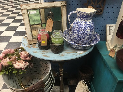 antique blue pitcher, table, etc.