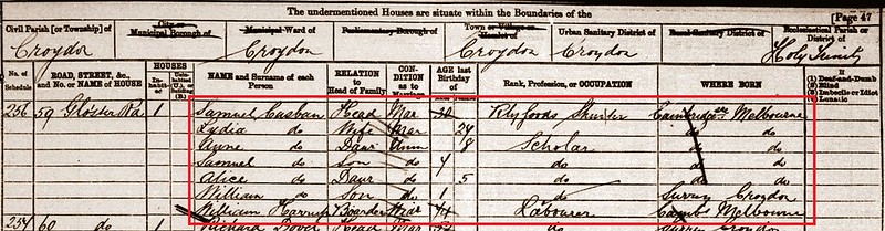 Samuel C Casban b1851 Meld 1881 census Croydon