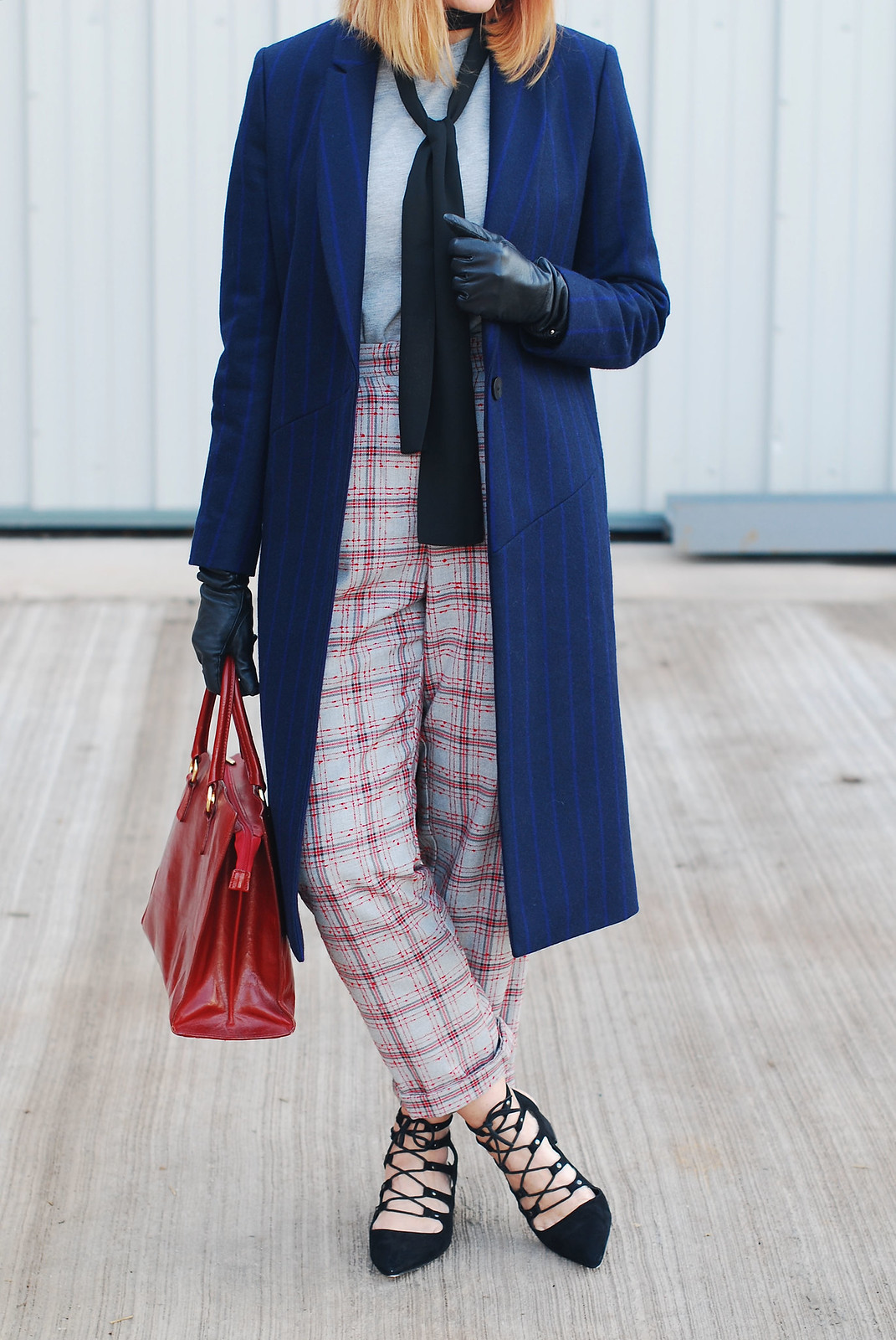 Smart autumn/winter outfit fall style long navy pinstripe coat, check trousers, heeled ghillie shoes and black skinny scarf | Not Dressed As Lamb, over 40 style