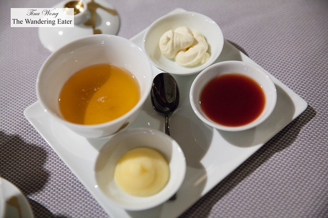 Condiments - Rooftop honey, yuzu curd, raspberry yuzu jam, clotted cream