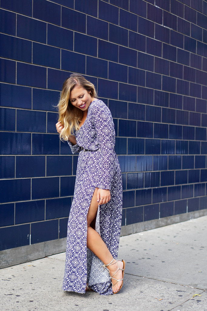 Printed Blue Bell Sleeve Maxi Dress NYFW Living After Midnite Jackie Giardina Outfit Fashion Blogger