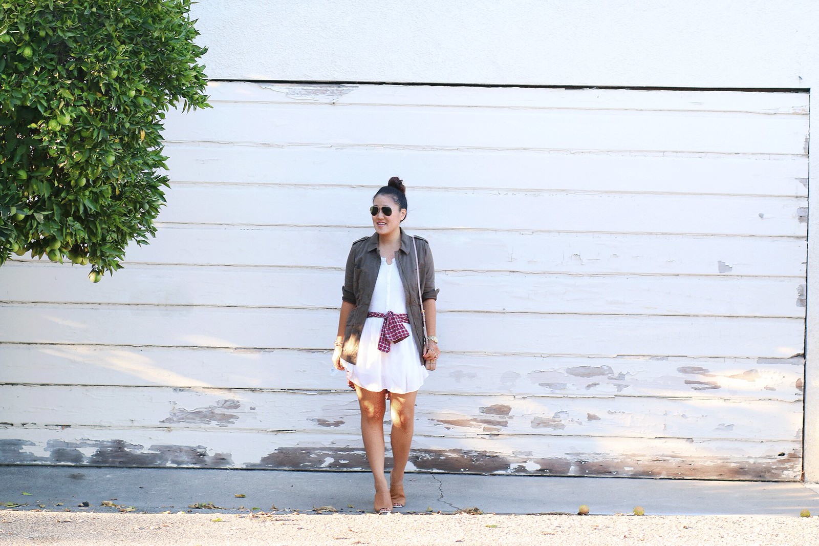 simplyxclassic, fall, olive green utility jacket, white dress, plaid shirt, blogger, fashion, orange county, lifestyle, 