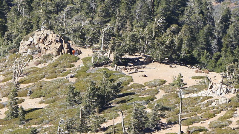 Zoomed-in view looking down on Limber Pine Bench campground and my tent