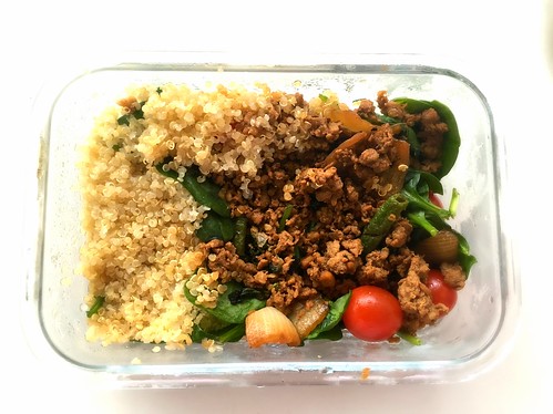bento lunchbox: quinoa, larb moo, baby spinach, cherry tomatoes