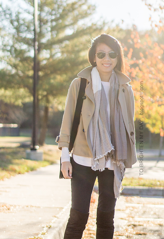 camel trench cape, light pink sweater, plaid scarf, black skinny jeans, brown suede over the knee boots