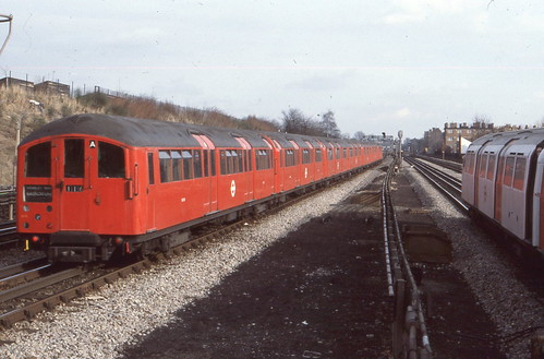 London Transport . Bakerloo Line . 1938 Tube Stock . 10213 . Dollis Hill , London . 01st-March-1979 .