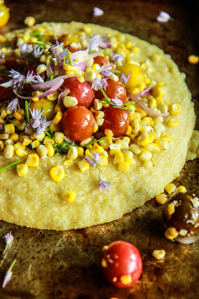 Soft Polenta with Corn and Tomatoes and Pesto- vegan and Gluten free from HeatherChristo.com