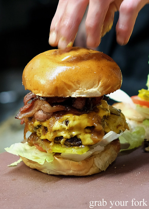 Double cheeseburger Tiger-style with added bacon from Down-N-Out at the Sir John Young Hotel, Sydney