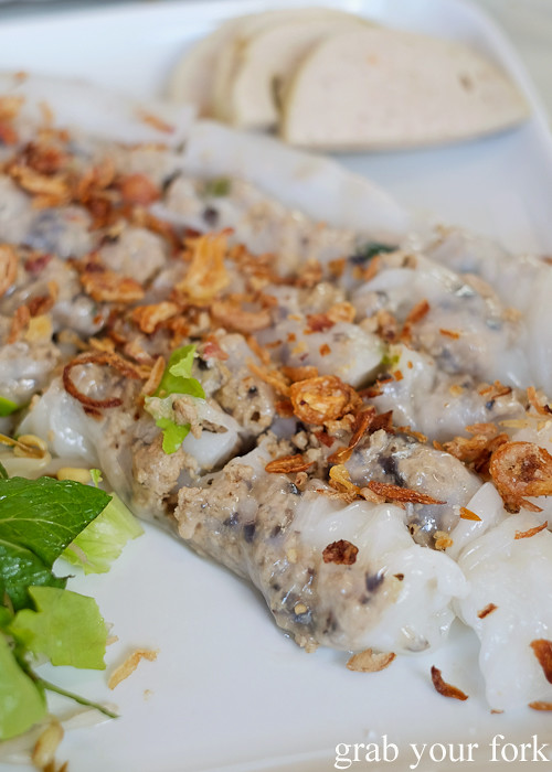 Banh cuon thit cha steamed rice noodle rolls with pork mince and black fungus from Thy Vietnamese Eatery, Bankstown