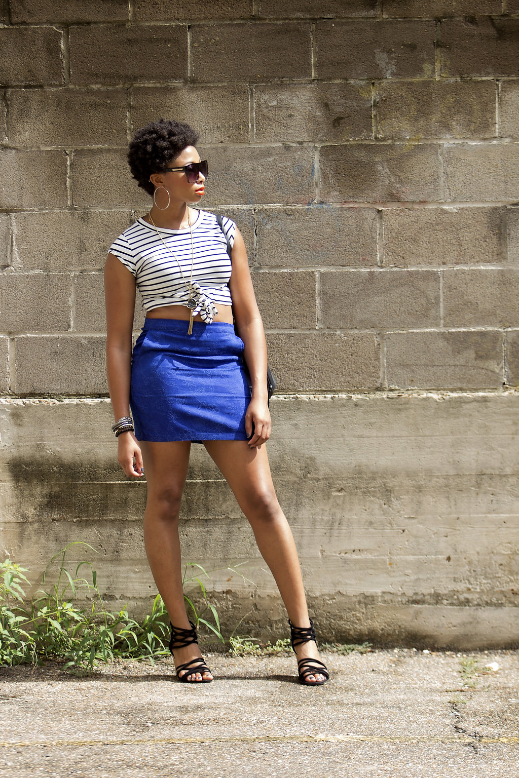 striped crop top, denim mini skirt