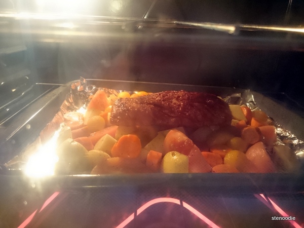  pork tenderloin and vegetables in oven