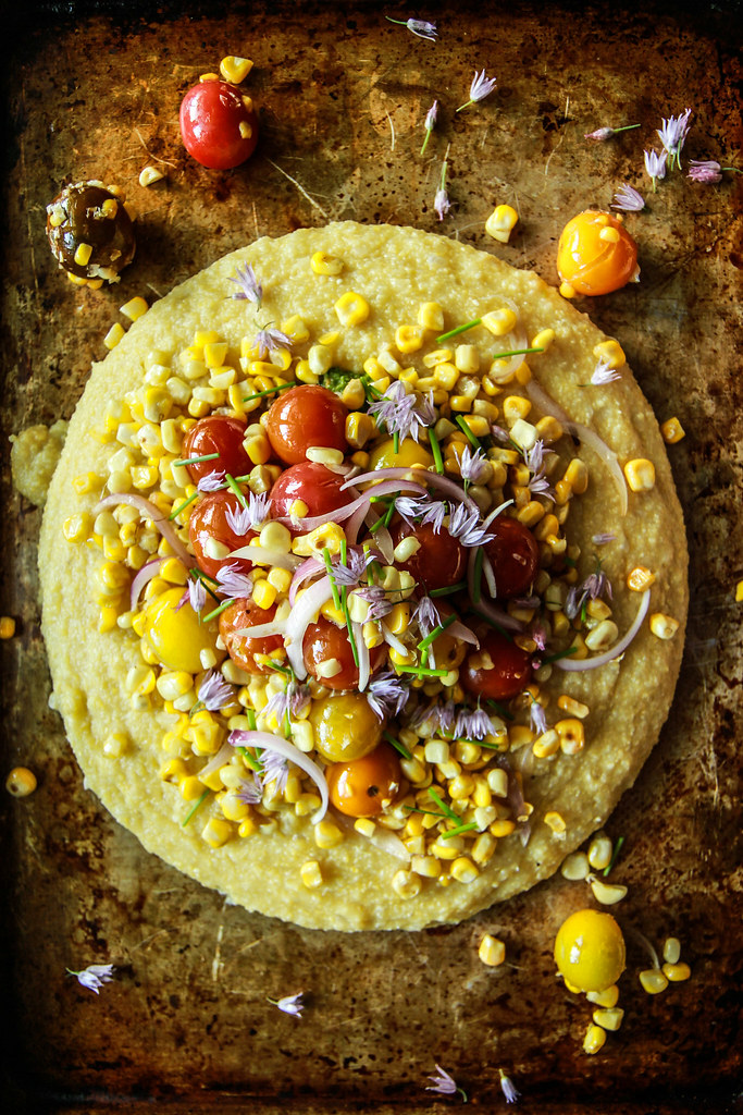 Soft Polenta with Corn and Tomatoes and Pesto- vegan and Gluten free from HeatherChristo.com