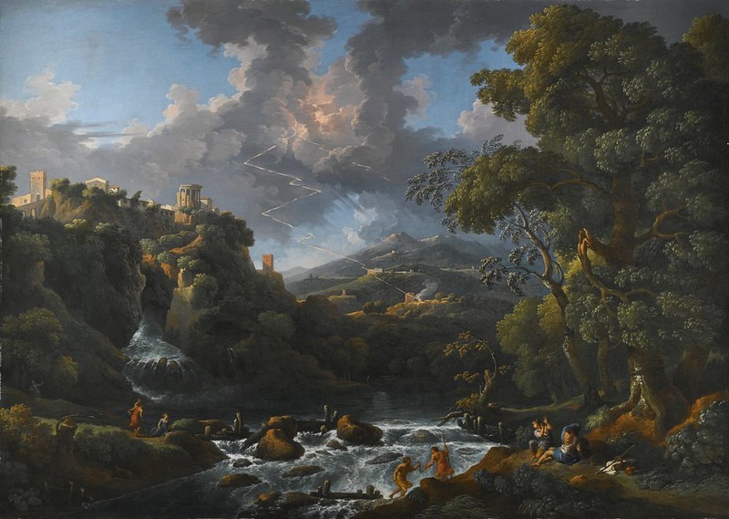 Jan Frans van Bloemen, called l'Orizzonte - A Scene In The Roman Campagna With A Capriccio View Of Tivoli And A Bolt Of Lightning