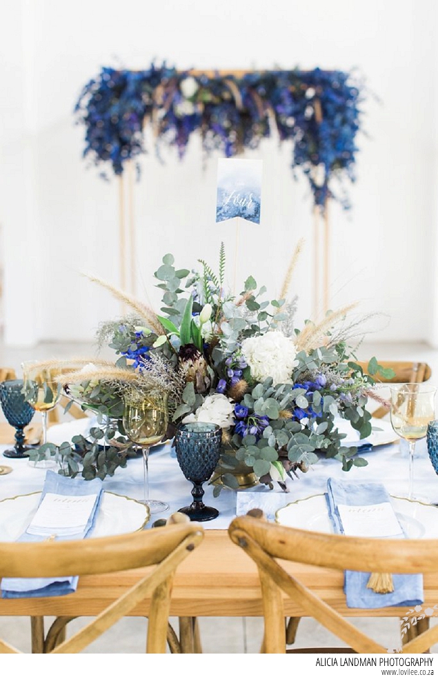 Blue shibori inspired bridal tablescape