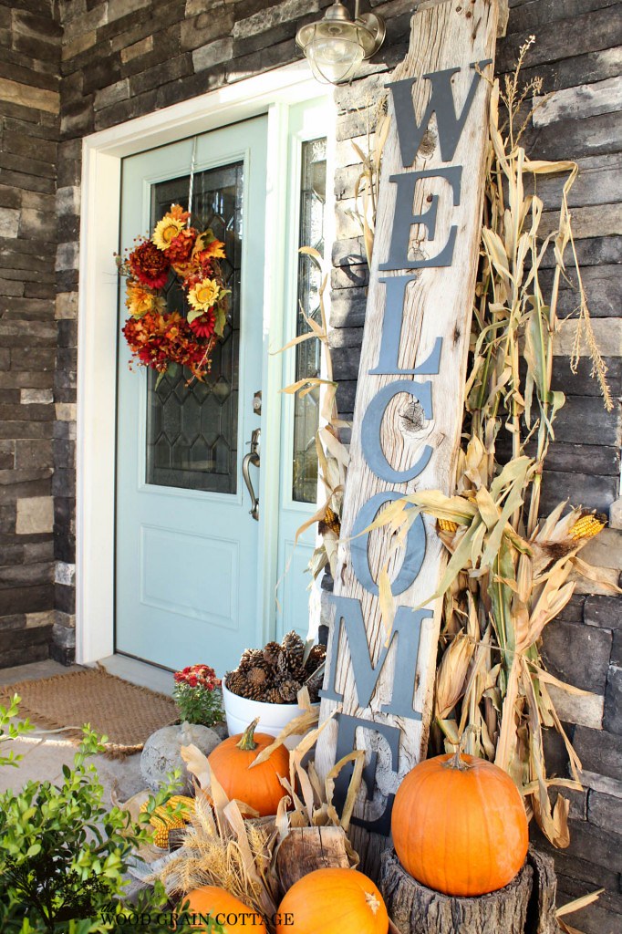 Fall Front Door Decor Corn Stalks Pumpkins Autumn Flowers
