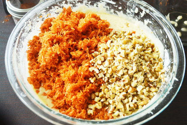 Adding carrots and walnuts for carrot cake