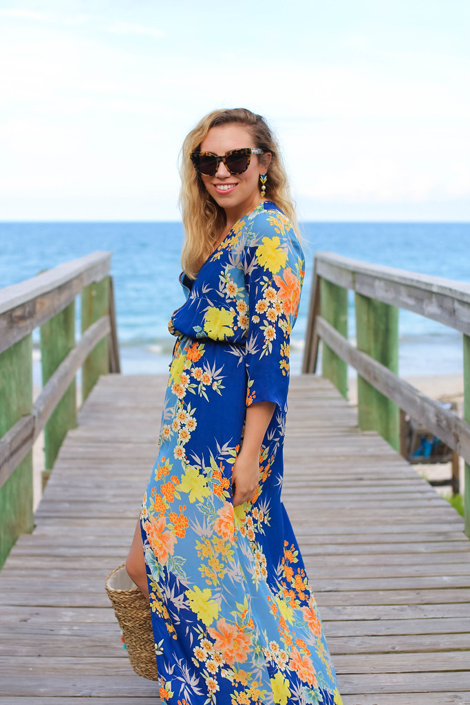 How to Get Smooth Legs for Summer Vacation with Sally Hansen | Sally Hansen Wax Strips | Guess Blue Floral Maxi Duster Dress | Steve Madden Lace Up Gold Sandals | Straw Tote Bag | Summer Vacation Outfit | Travel Style Inspiration | Vero Beach Florida | Li