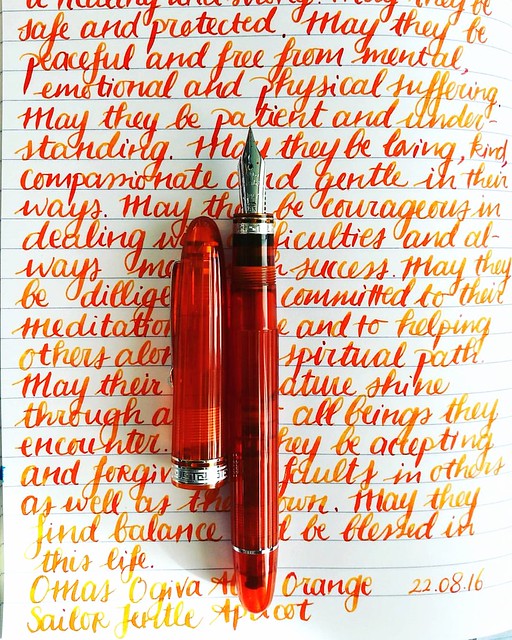 This pen and ink combo makes me swoon #mondaymatchup #mondaymatchupgiveaway @gouletpens #mindfulwriting #lovingkindness #writtenmeditation #mindfulness #handwriting #handwritten #promotepenmanship #penmanship #clairefontaine #sailor #apricot #omasfountain