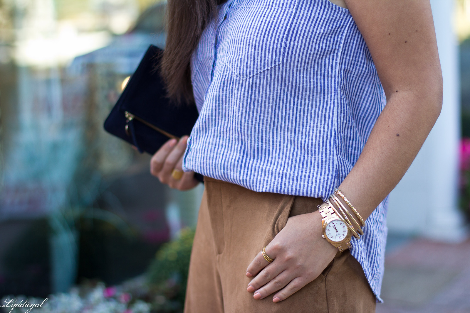 striped shirt, brown suede culottes, clare v clutch-9.jpg