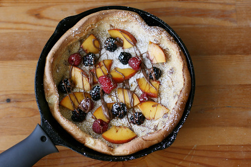 Dutch baby with summer fruit, pecans, and Nutella