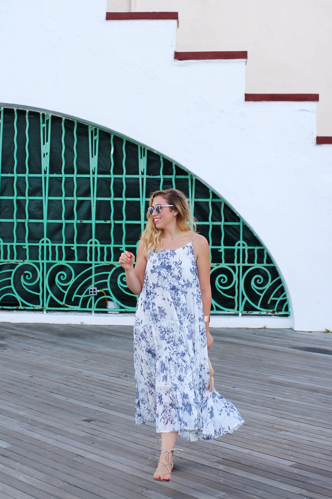Lulu's Humming Melodies Blue Floral Print Midi Dress | Quay My Girl Mirrored Sunglasses | Steve Madden Gold Lace Up Sandals | Playland Boardwalk Rye NY | Summer Outfit | Living After Midnite by Jackie Giardina