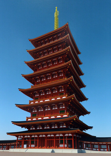 This image shows a computerized depiction of a seven-story pagoda built at Shokoku-ji temple before the construction of Kitayama Daito. From mainichi.jp