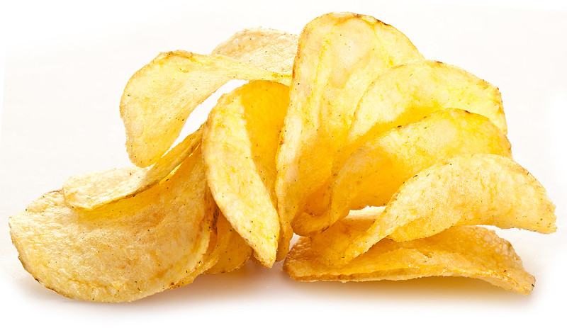 Potato chips on a white background.