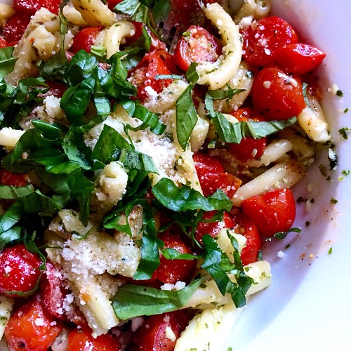pasta with garden tomatoes, garden basil, & farmers market pesto