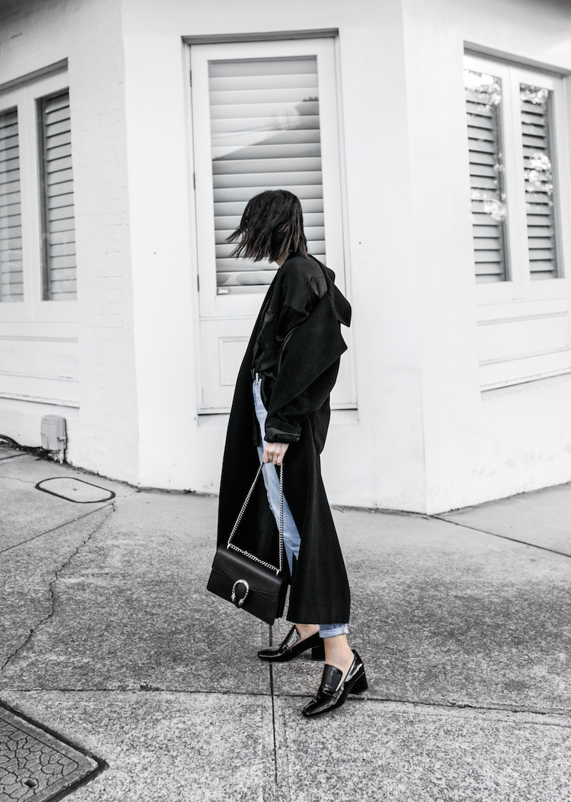 denim street style inspo fashion blogger minimal black outfit modern legacy bassike farfetch block heel loafer Gucci Dionysus bag (1 of 8)-2